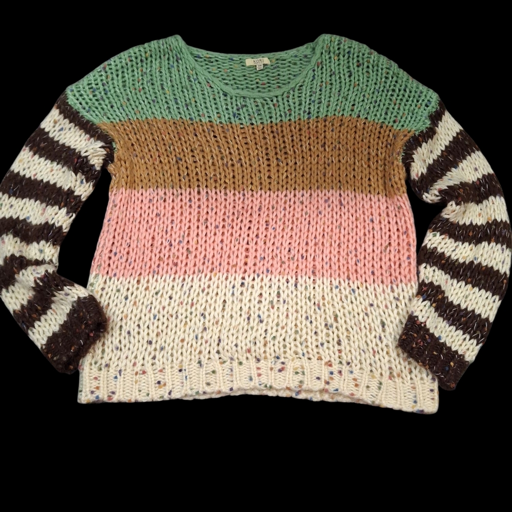 "Kori" Like new, S/M Green and Brown Crew Neck Sweater with Contemporary Stripes